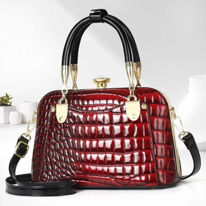 Elegant red crocodile pattern lacquer leather shell bag with gold clasp and top handle