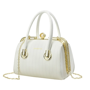 White high-end Boston handbag with vertical stitching, large pearl clasp, and gold chain