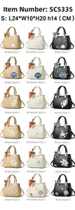 Detailed size chart for floral embroidered handbags with silk scarf handle decorations