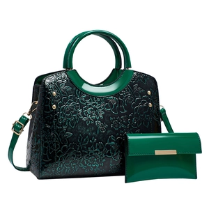 Deep green crocodile and rose embossed handbag set with matching flap wallet for women