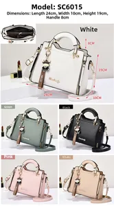 Detailed size specifications and color options for the SC6015 leather handbag with calf charm