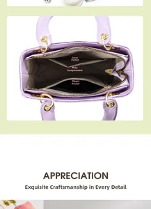 Detailed interior view of purple leather handbag showing pockets and metal zipper