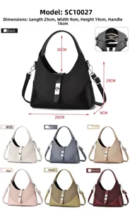 Tabella taglie dettagliata e vista multicolore della borsa a tracolla a mezzaluna