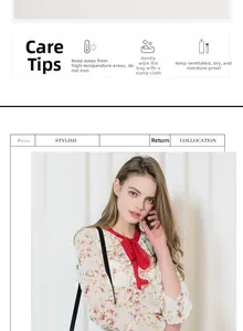 Detail of floral chiffon blouse with red bow and leather bag maintenance instructions
