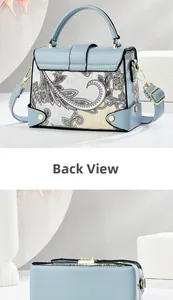 Detail showing back view of light blue paisley leather handbag with gold metal hardware