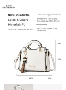 Detailed dimensions of white PU leather handbag with cat-themed pendant and dimensions