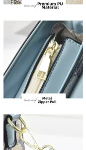 Detail view of light blue PU leather bag featuring gold hardware and zipper