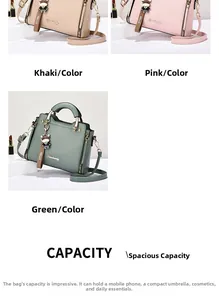 Detail view of khaki pink and green cat style handbags showing internal capacity and charms