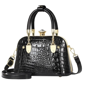 Glossy black crocodile pattern shell bag with gold handle and crystal lock ornament