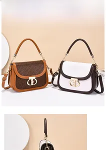 Detail of woven crossbody bags with gold CD logo buckle and leather chain strap