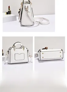 Multi-angle details of white handbag with gold hardware and protective bottom studs