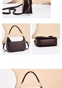 Detailed views of vintage brown leather and tweed crossbody bag with gold lock and strap