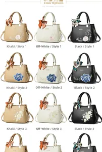 Three elegant embroidered handbags in khaki, cream white, and black with floral patterns
