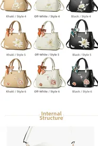 Detailed grid showing luxury floral embroidered handbags with silk scarves in three colors