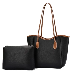 Borsa tote vintage nera in ecopelle con pochette coordinata e manici marroni da ufficio