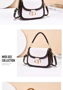 Detailed view of retro woven shoulder bag with brown leather trim and golden clasp