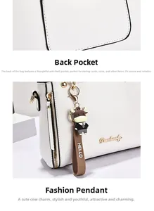 Detailed view of the white leather handbag featuring a back anti-theft zipper pocket