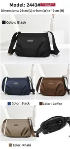 Detail of waterproof nylon crossbody bag showing multi-pocket design and 25x9x17cm size