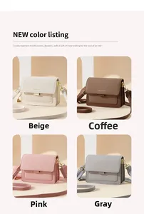 Detail showing woven texture crossbody bags in beige, coffee, pink, and grey with gold locks