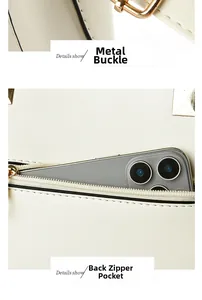 Detail showing golden metal buckle and rear zipper pocket holding a smartphone