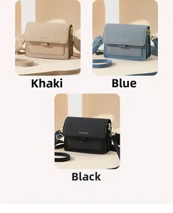 Close-up of stylish flap crossbody bags in khaki, blue and black with woven texture details