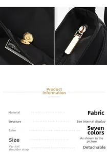 Close-up of golden metal zipper and magnetic buckle on black nylon crossbody bag detail