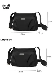 Detailed comparison showing small and large black nylon crossbody bags with dimensions