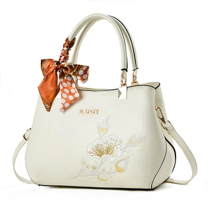 Elegant Women Handbag PU Leather Floral Embroidery Shoulder Bag Tote With Decorative Satin Scarf Large Capacity Fashionable