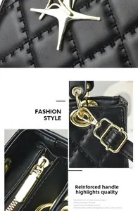 Close-up of black quilted leather stitching with gold hardware and reinforced handle