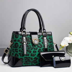 Chic 3-piece set including leopard print tote bag with black patent leather and gold hardware