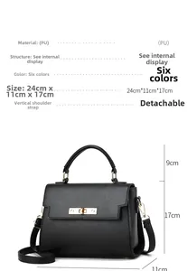 Detail view of black PU leather handbag with lychee texture and gold swivel lock buckle