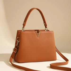 Elegant Women Handbag Litchi Grain PU Leather V Metal Logo Top Handle Shoulder Crossbody Bag Minimalist Commute Style
