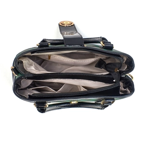 Top view of woman handbag showing spacious interior compartments and textured lining