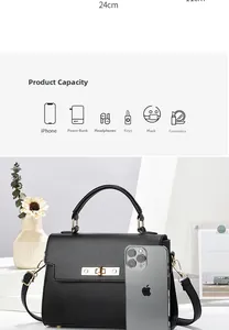 Detail of 24cm black lychee leather handbag showing internal capacity for daily items