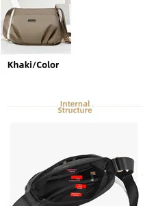 Detail view of khaki nylon crossbody bag showing multiple pockets and internal structure