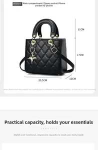 Size guide for black quilted crossbody bag with precise dimensions and interior structure