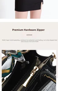 Detailaufnahme der goldenen Reißverschluss-Hardware an schwarzer Krokodil-Handtasche