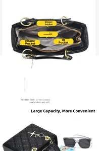 Detailed view of black quilted bag interior compartments with gold zipper and star charm