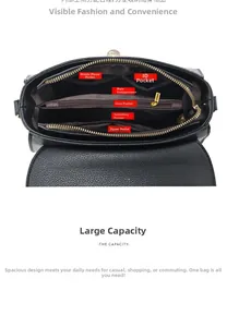 Top view of black leather handbag interior showing multiple pockets and storage sections