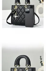 Size comparison of a black quilted crossbody bag with phone and golden star charm