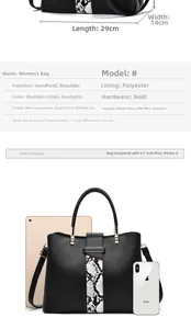 Detailed size comparison of black leather handbag with snake pattern showing 29cm length