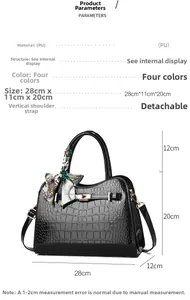 Detaillierte Maße der schwarzen Lacklederhandtasche mit Krokostruktur und Seidenschal