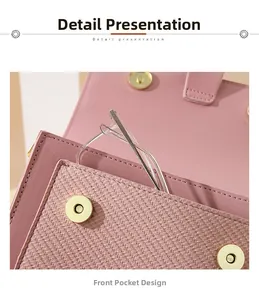 Detailed view of pink leather bag front pocket with woven texture and gold magnetic clasp