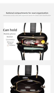 Detail of black pebbled leather handbag interior showing multiple pockets and large capacity