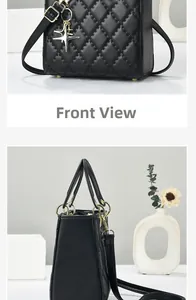 Front and side views of a black quilted handbag with a gold star charm and hardware