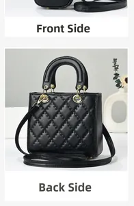 Front and back views of a black quilted leather handbag with sleek metallic ring hardware