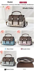 Détails intérieurs du sac vintage avec poche zippée et spécifications de 21x9x15cm