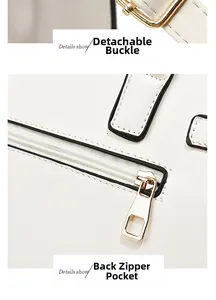 Detail view of the detachable clasp and back zipper pocket on white leather handbag