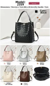 Detailed view of woven bucket bag dimensions and multi-color options in retro style