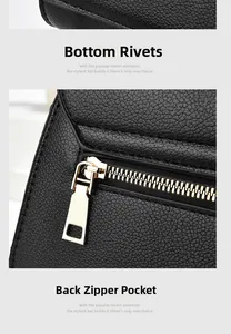 Detail of lychee pattern leather handbag showing bottom rivets and back zipper pocket